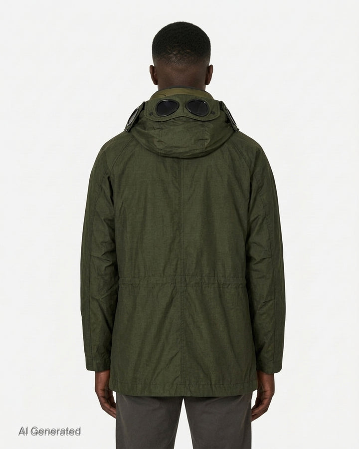 C.P. Company olive green ripstop hooded jacket with quilted inner layer, drawcord waist and chest Windstopper label - back