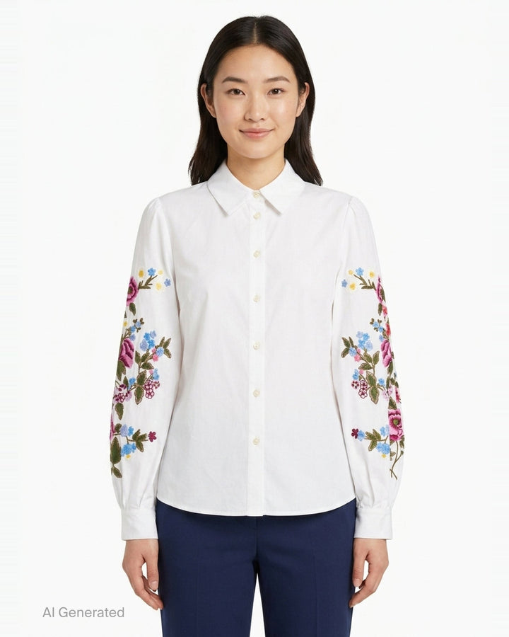 Floral Embroidered Puff Sleeve Shirt | Carolina Herrera | Club21 - front