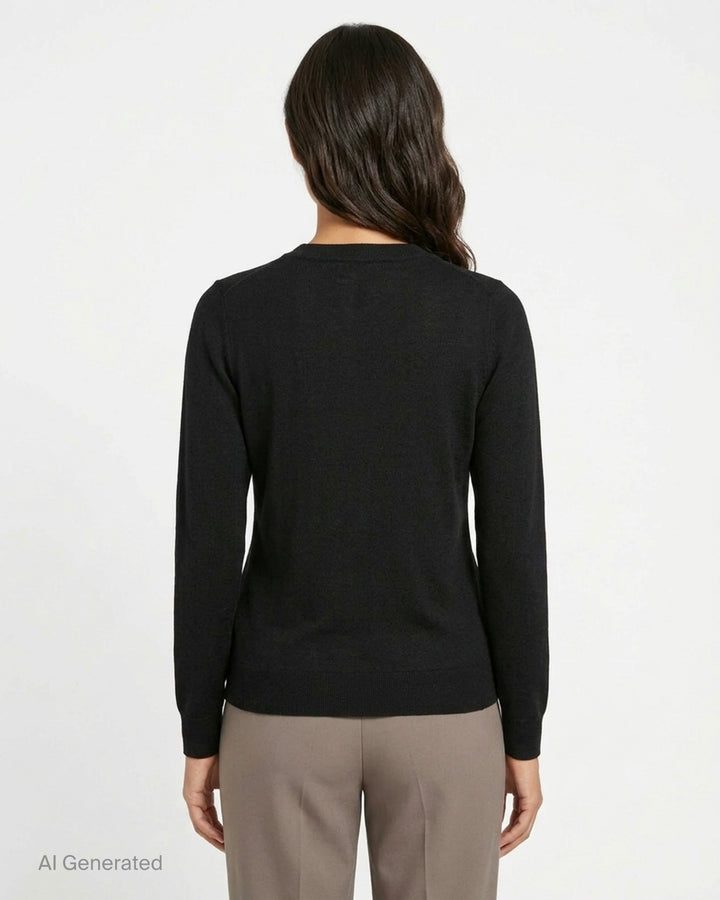 Carolina Herrera black knit cardigan with tonal floral lace centre front panel and covered button fastening, displayed on a flat lay against a white background - back