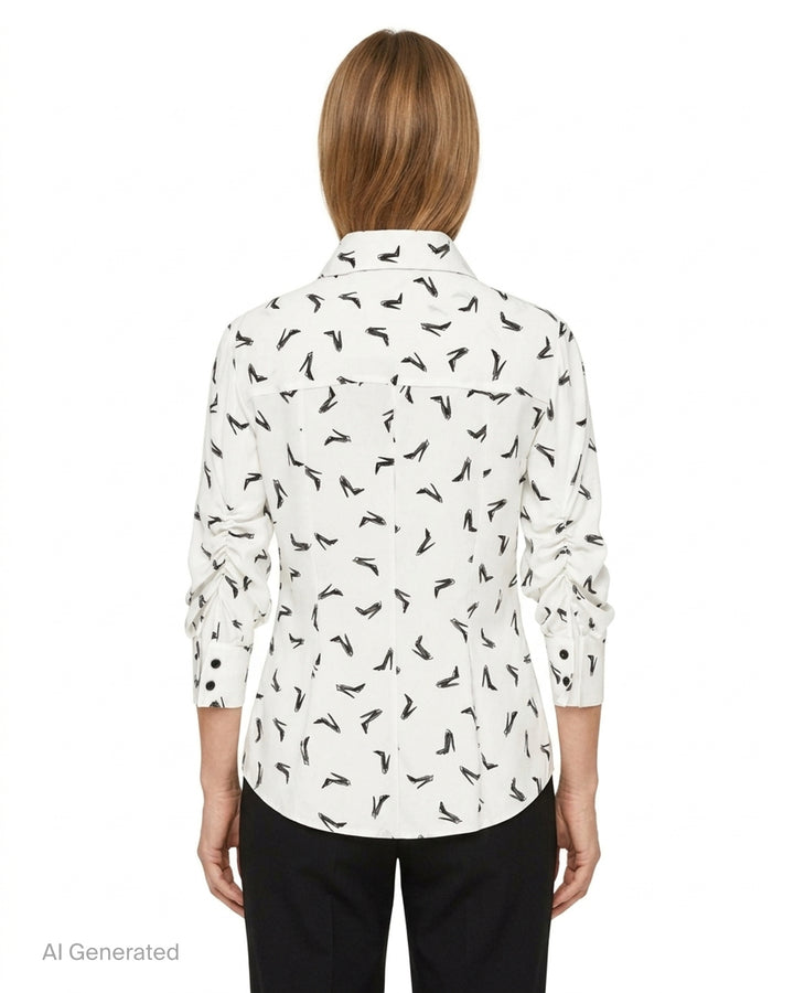 Carolina Herrera Good Girl Shoe long-sleeve button-up blouse in ivory with an all-over black stiletto sketch print, black buttons, and a structured point collar - back