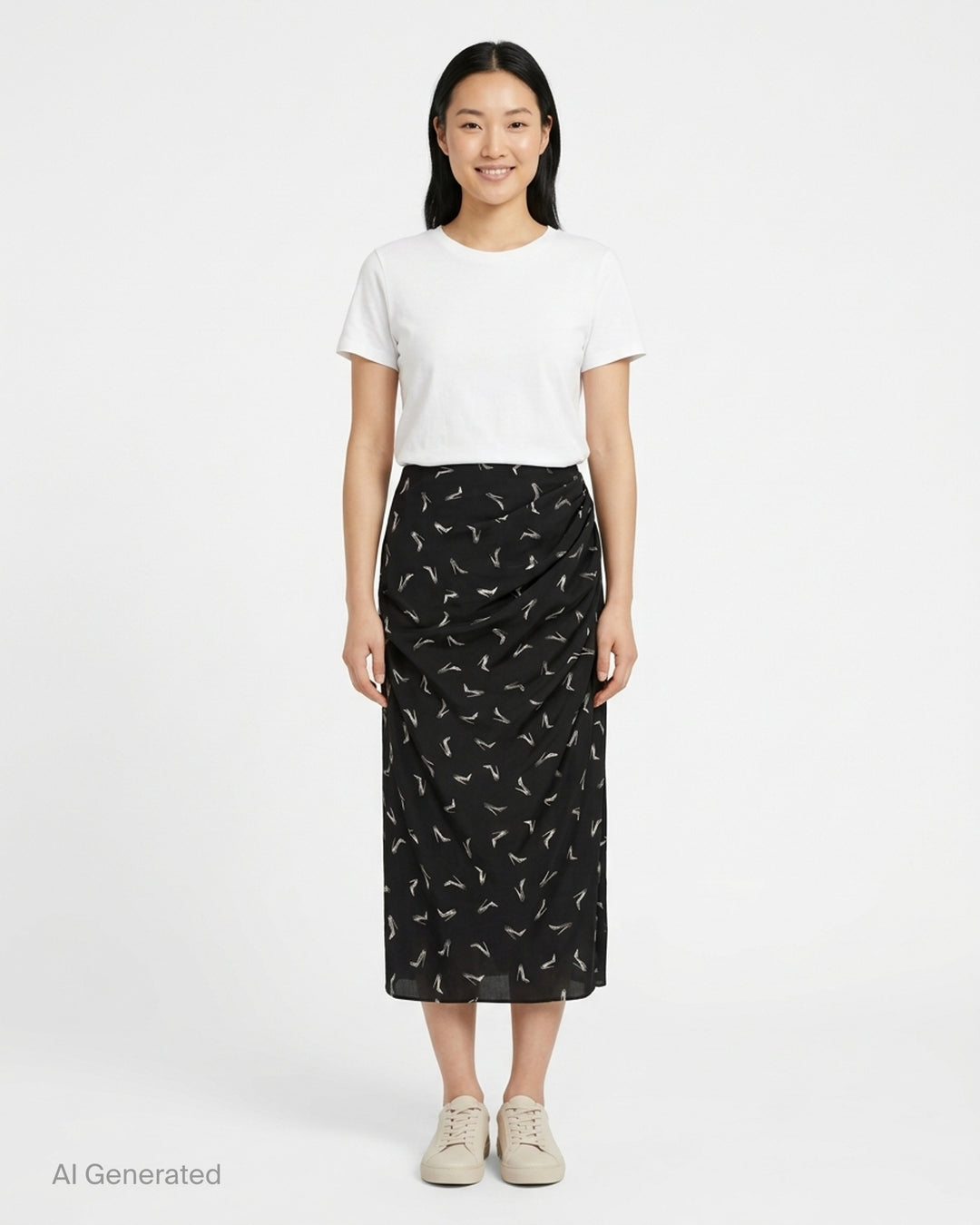Carolina Herrera Good Girl Shoe Print Midi Skirt in black with white stiletto brushstroke print and draped ruching at the hip - front