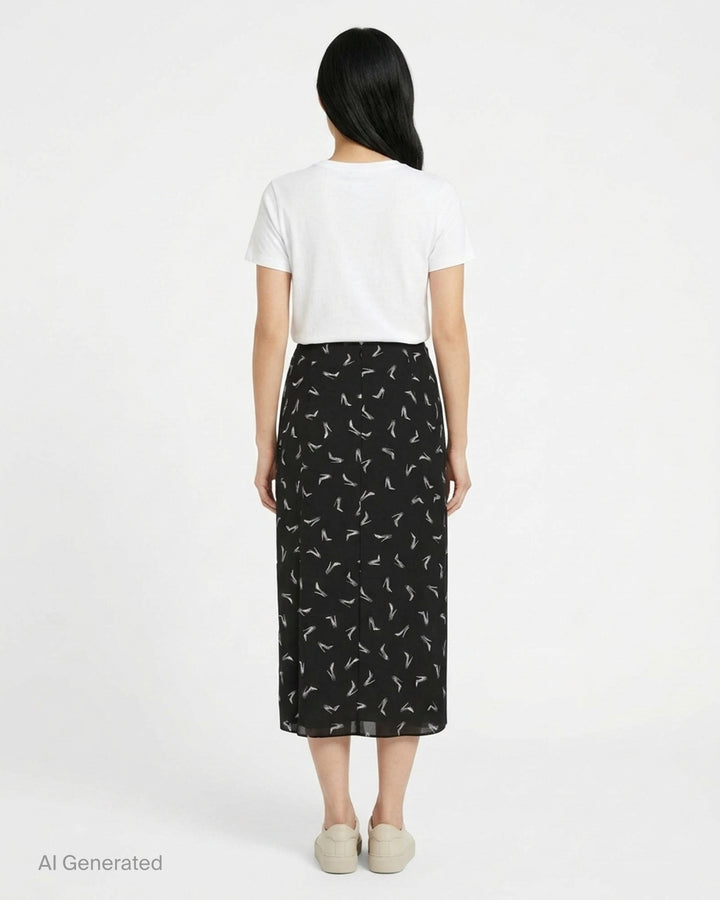 Carolina Herrera Good Girl Shoe Print Midi Skirt in black with white stiletto brushstroke print and draped ruching at the hip - back