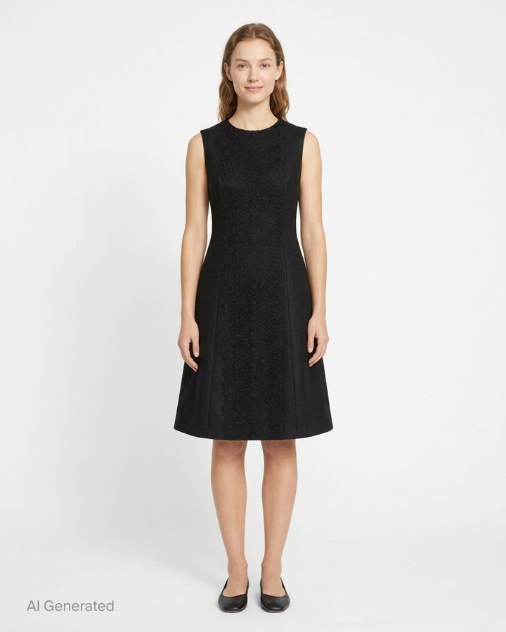 Carolina Herrera black sleeveless A-line knee-length dress with floral guipure lace centre panel and structured woven side panels, featuring a round neckline and concealed back zip - front