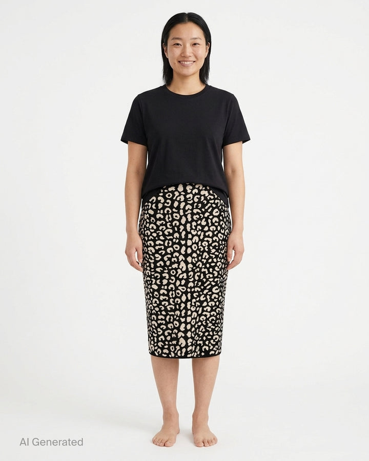 Carolina Herrera knee-length pencil skirt in black and cream leopard jacquard knit, shown from the front - front