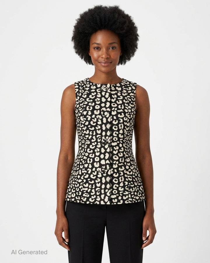 Carolina Herrera sleeveless boatneck top in black-and-ivory leopard jacquard, featuring a centre-front covered button placket, fitted waist, and flared peplum hem with box pleats - front
