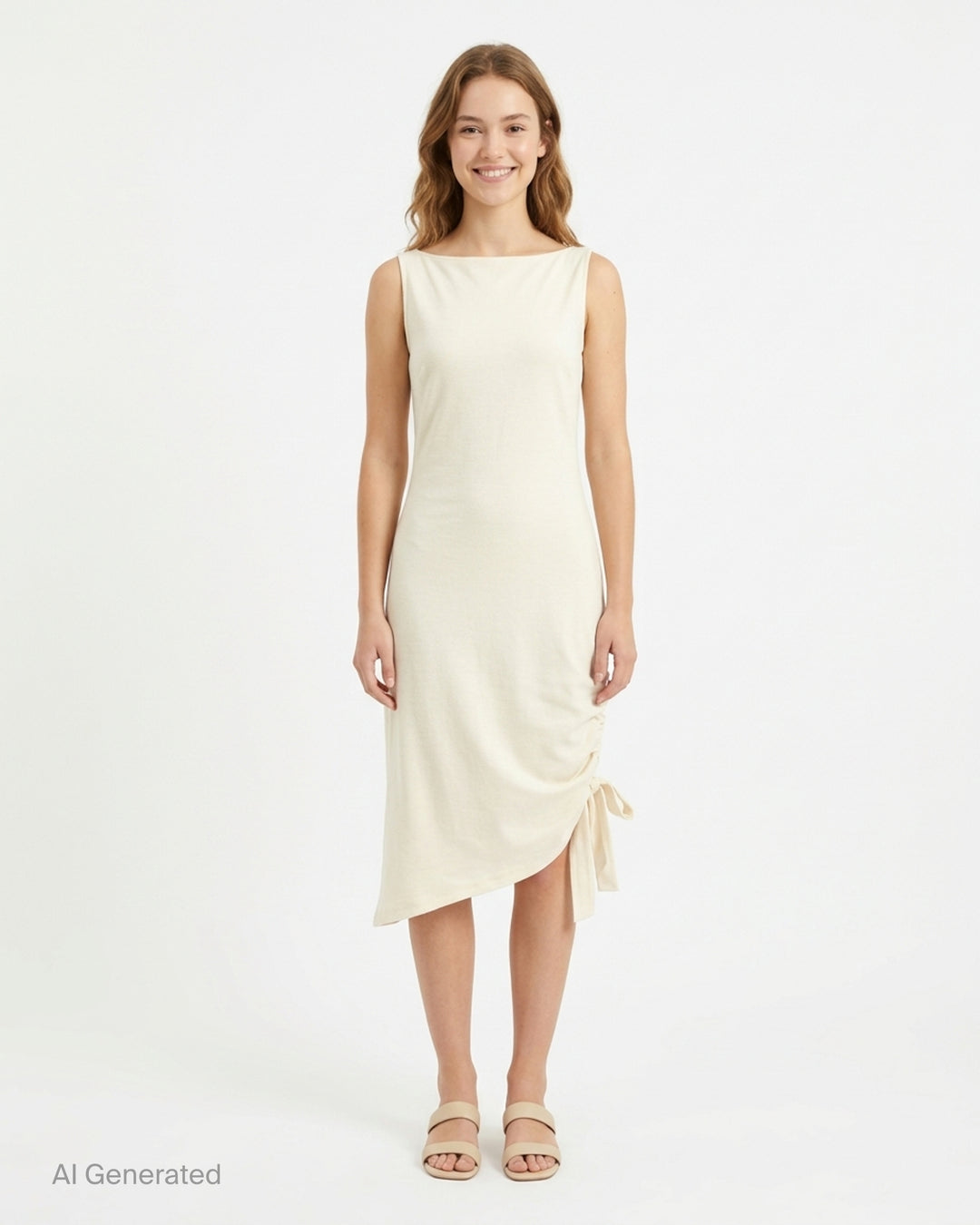 Carolina Herrera ivory sleeveless boatneck midi dress with ruched asymmetrical hem and self-tie bow detail, displayed flat on white background - front