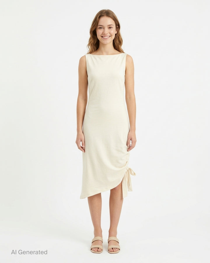Carolina Herrera ivory sleeveless boatneck midi dress with ruched asymmetrical hem and self-tie bow detail, displayed flat on white background - front