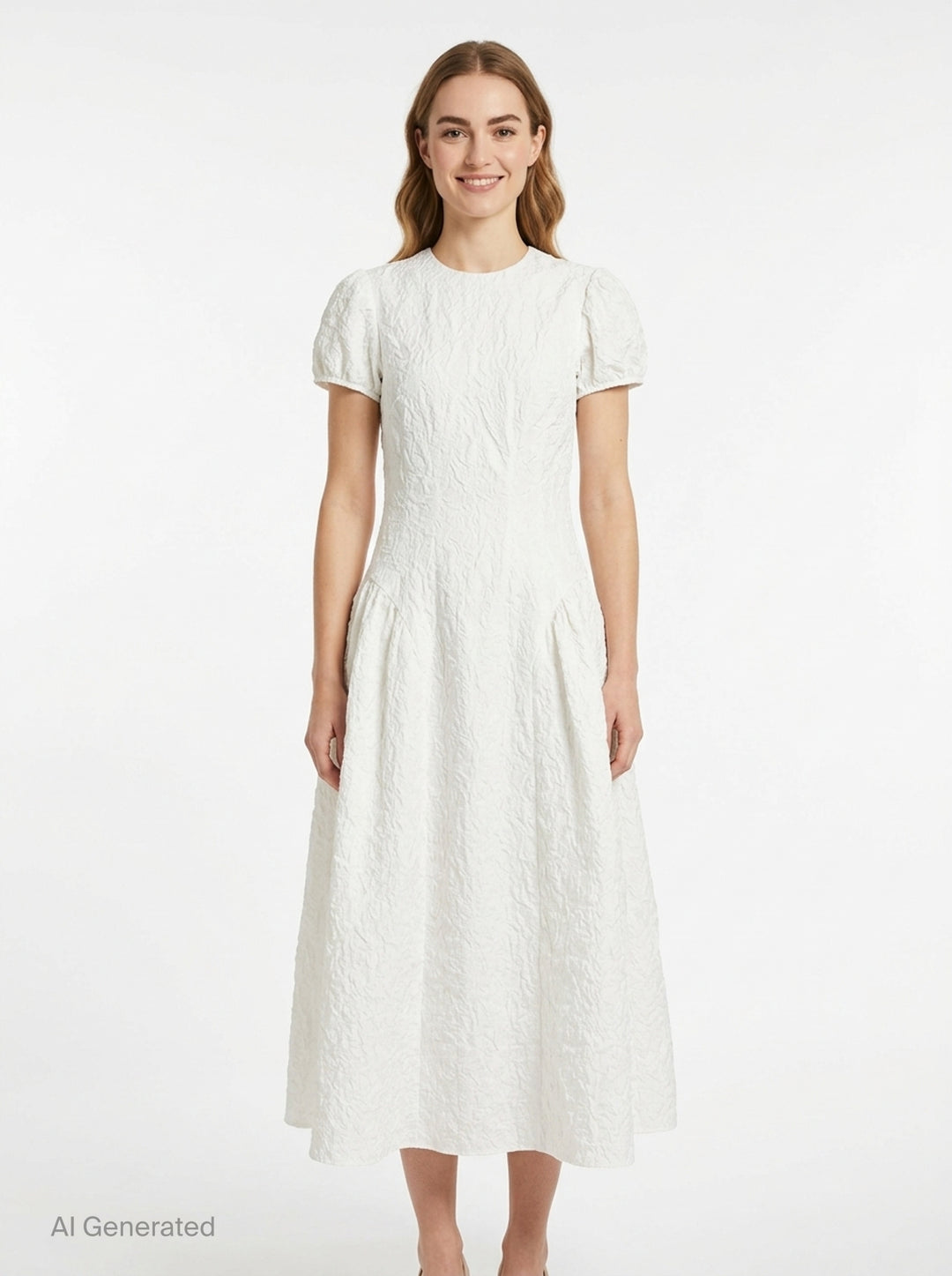 Cecilie Bahnsen Cleopatra Floratini midi dress in white textured jacquard with short puff sleeves, sculpted bodice, and full flared skirt, shown on a plain white background - front