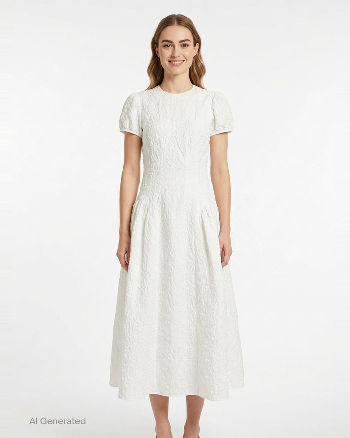 Cecilie Bahnsen Cleopatra Floratini midi dress in white textured jacquard with short puff sleeves, sculpted bodice, and full flared skirt, shown on a plain white background - front