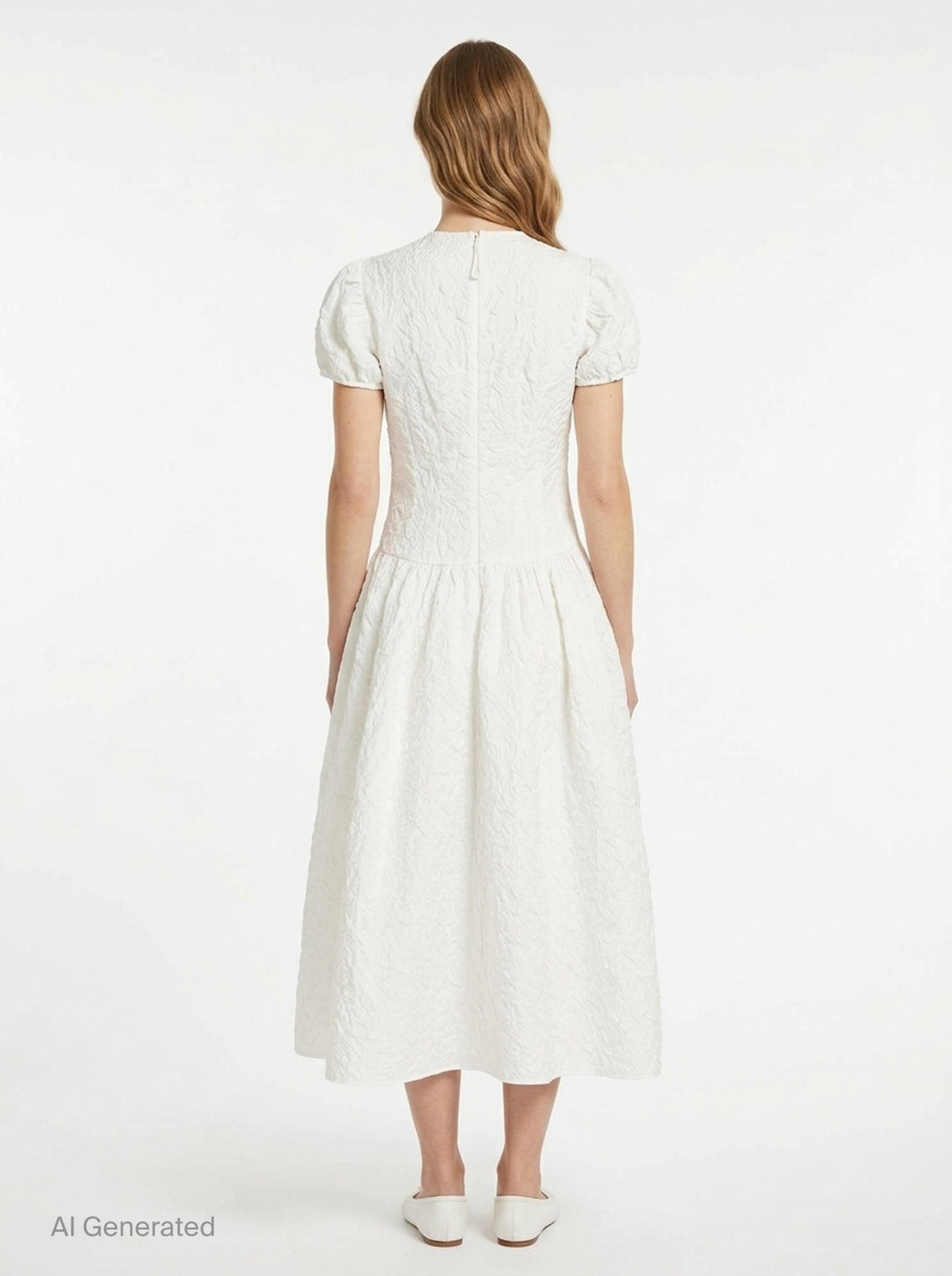 Cecilie Bahnsen Cleopatra Floratini midi dress in white textured jacquard with short puff sleeves, sculpted bodice, and full flared skirt, shown on a plain white background - back