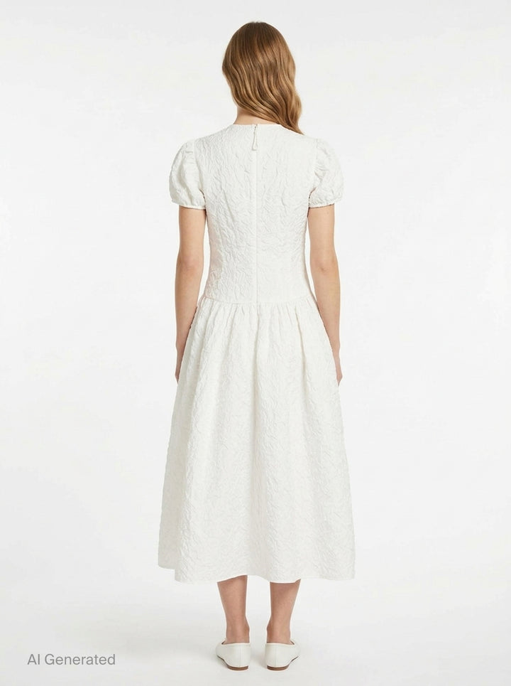 Cecilie Bahnsen Cleopatra Floratini midi dress in white textured jacquard with short puff sleeves, sculpted bodice, and full flared skirt, shown on a plain white background - back
