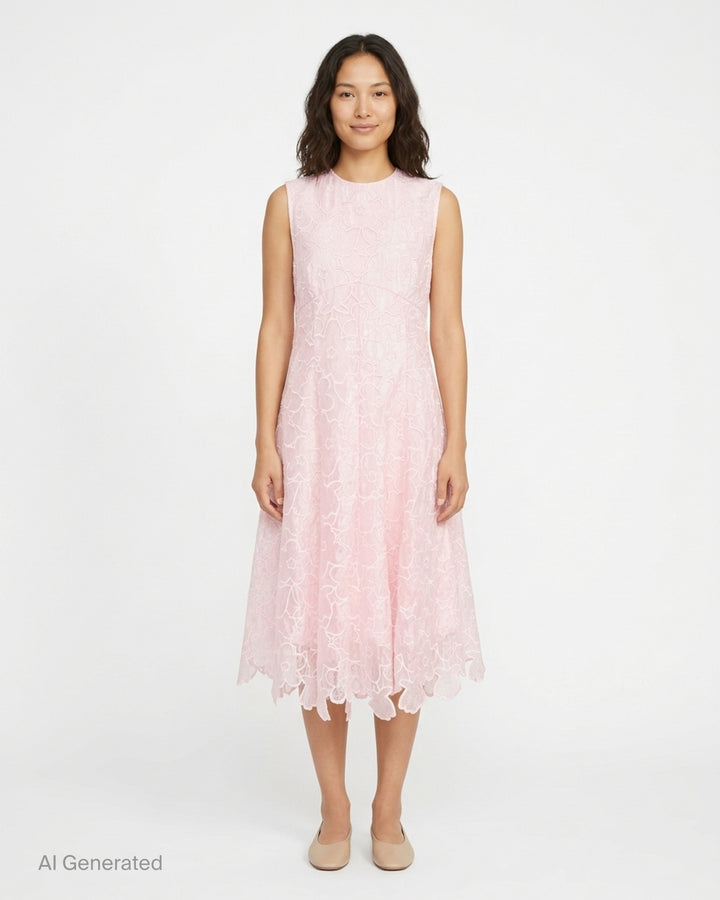 Cecilie Bahnsen Coranita sleeveless midi dress in blush pink floral-embroidered lace with an A-line silhouette and scalloped handkerchief hem - front
