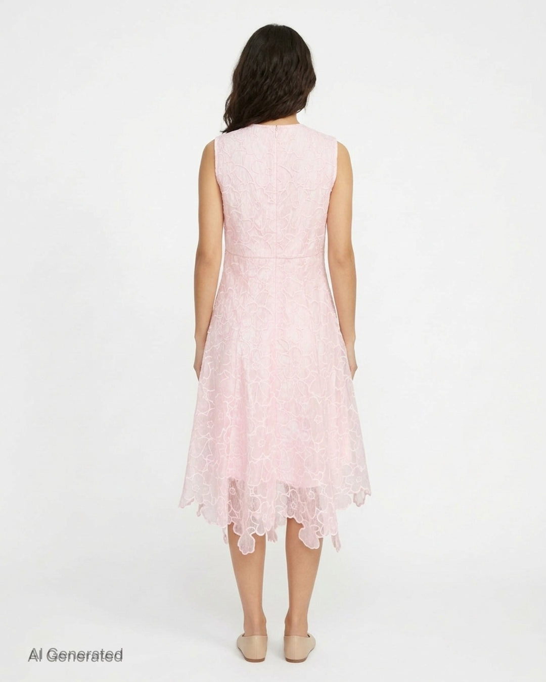 Cecilie Bahnsen Coranita sleeveless midi dress in blush pink floral-embroidered lace with an A-line silhouette and scalloped handkerchief hem - back