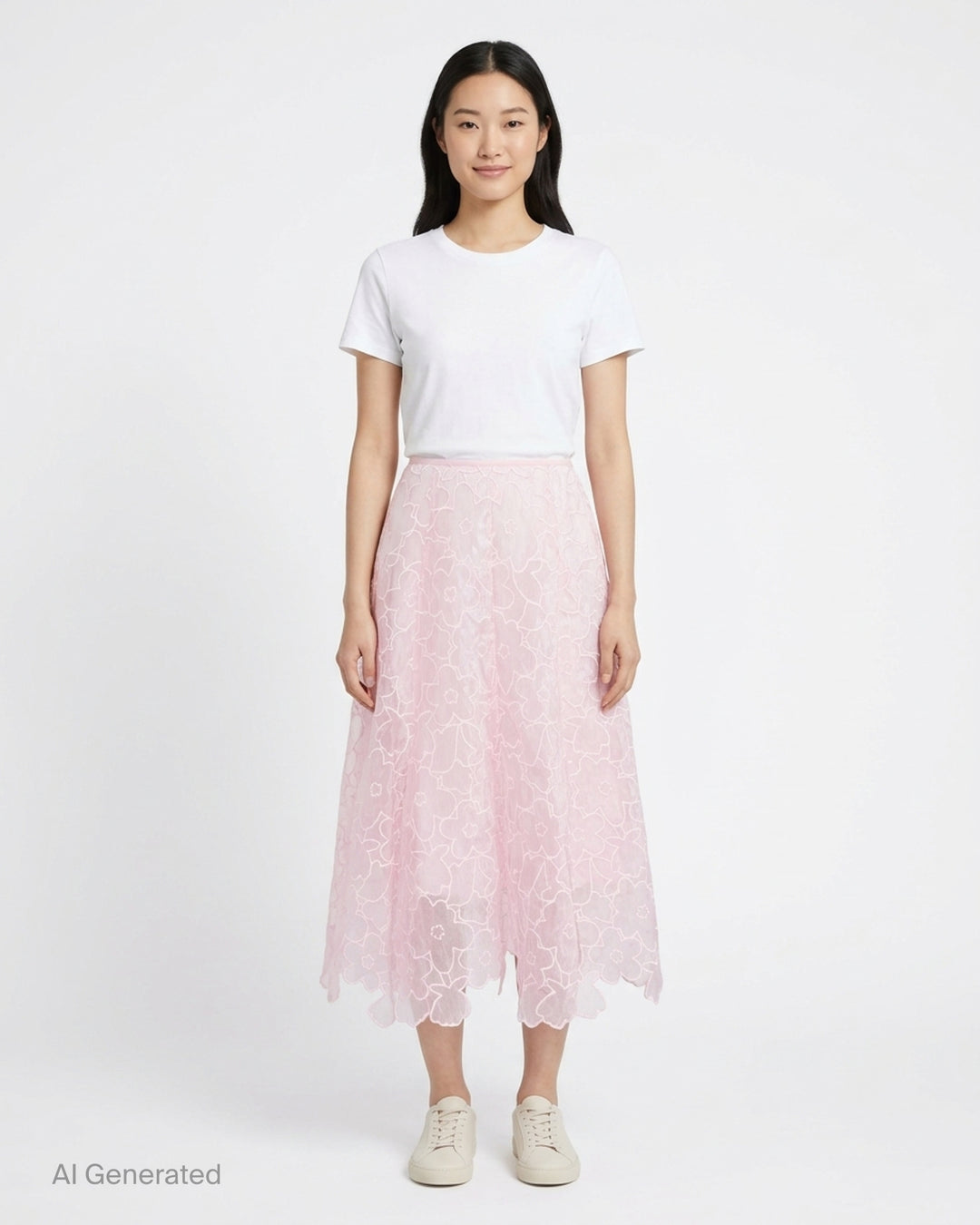 Cecilie Bahnsen Flavie Coranita blush pink floral embroidered semi-sheer midi skirt with scalloped hem - front