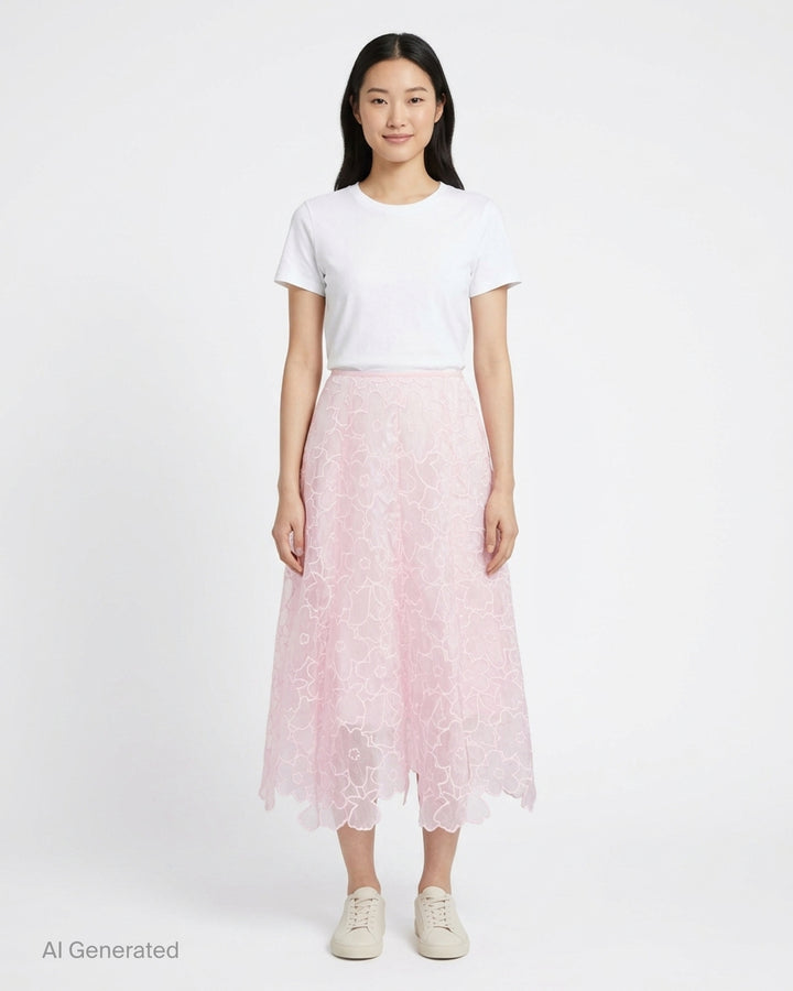 Cecilie Bahnsen Flavie Coranita blush pink floral embroidered semi-sheer midi skirt with scalloped hem - front