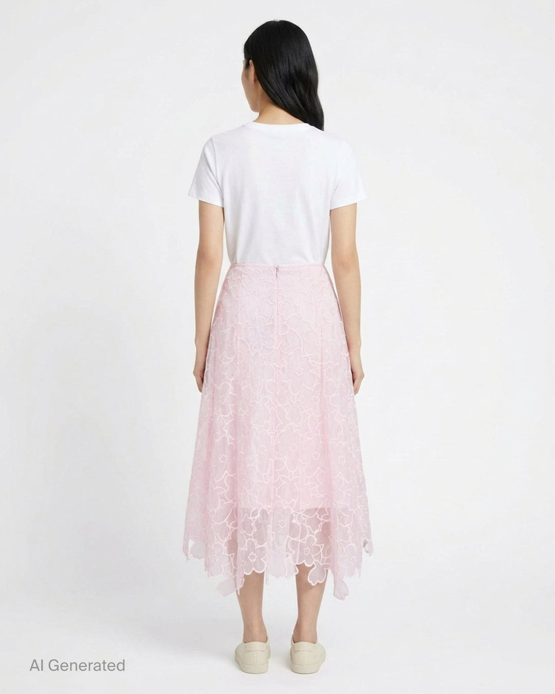 Cecilie Bahnsen Flavie Coranita blush pink floral embroidered semi-sheer midi skirt with scalloped hem - back