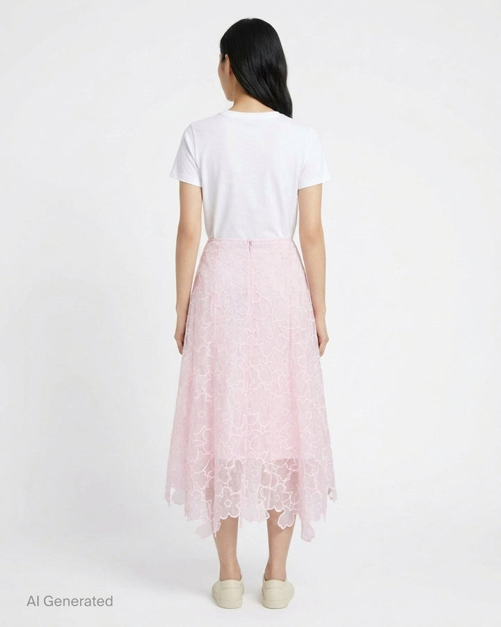 Cecilie Bahnsen Flavie Coranita blush pink floral embroidered semi-sheer midi skirt with scalloped hem - back