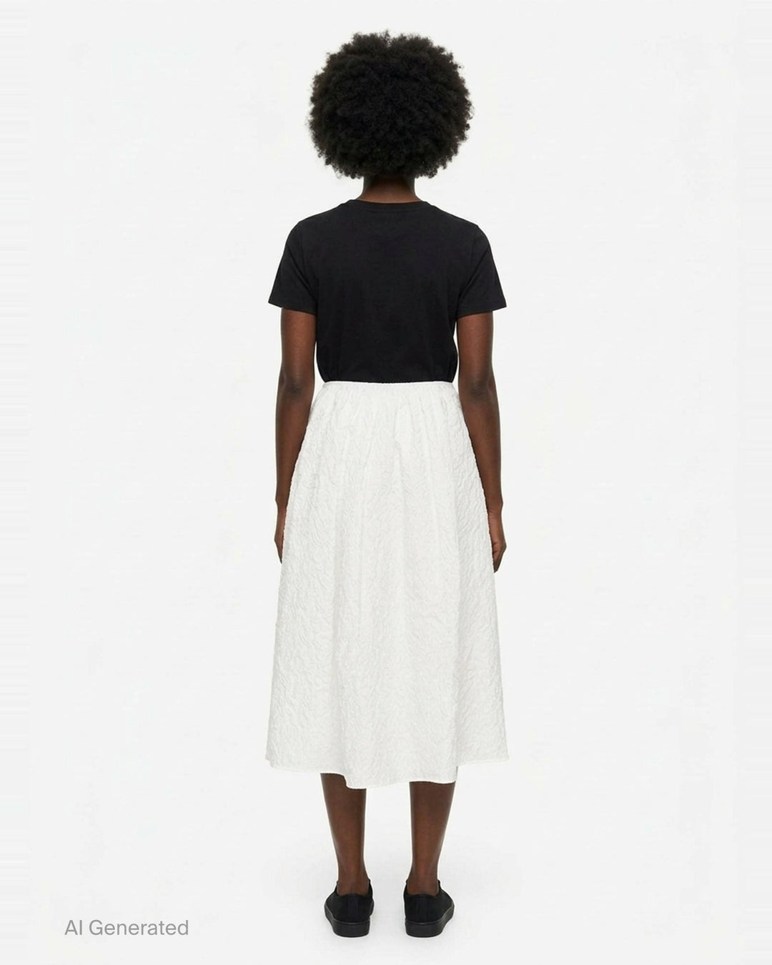 Cecilie Bahnsen Floratini Matelassé Midi Skirt in white, displayed flat, showing a voluminous A-line silhouette with an all-over raised jacquard texture and elasticated waistband - back