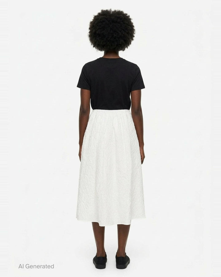 Cecilie Bahnsen Floratini Matelassé Midi Skirt in white, displayed flat, showing a voluminous A-line silhouette with an all-over raised jacquard texture and elasticated waistband - back