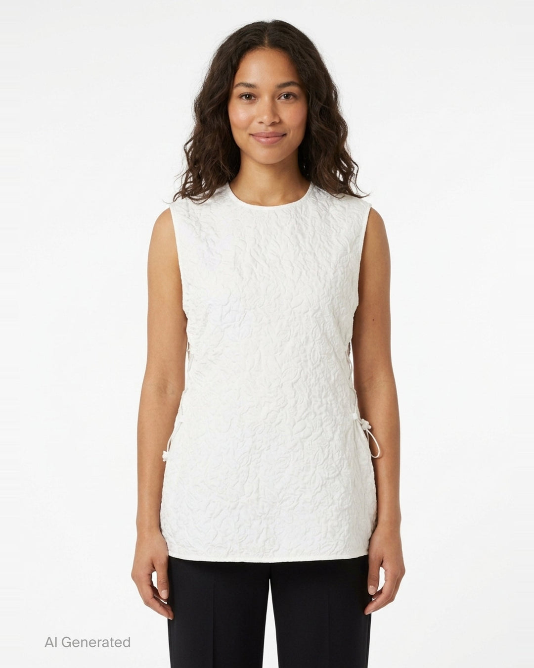 Cecilie Bahnsen Floratini Matelassé sleeveless top in white, shown from the back, featuring an all-over raised floral quilted pattern, gathered bow details along both side seams, and a concealed back zip closure - front