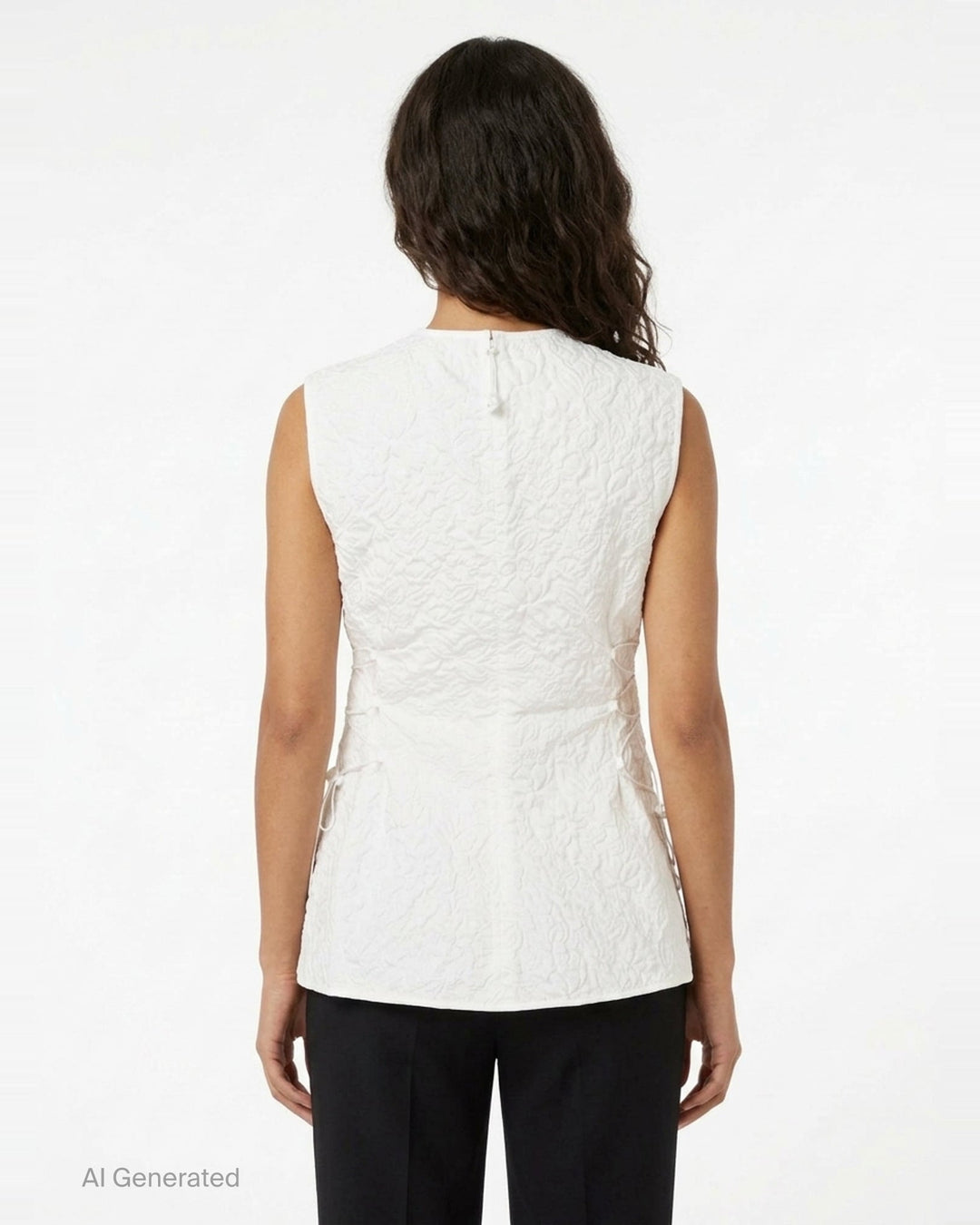 Cecilie Bahnsen Floratini Matelassé sleeveless top in white, shown from the back, featuring an all-over raised floral quilted pattern, gathered bow details along both side seams, and a concealed back zip closure - back