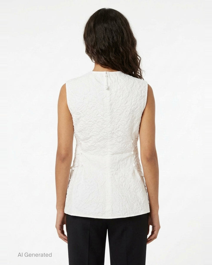 Cecilie Bahnsen Floratini Matelassé sleeveless top in white, shown from the back, featuring an all-over raised floral quilted pattern, gathered bow details along both side seams, and a concealed back zip closure - back