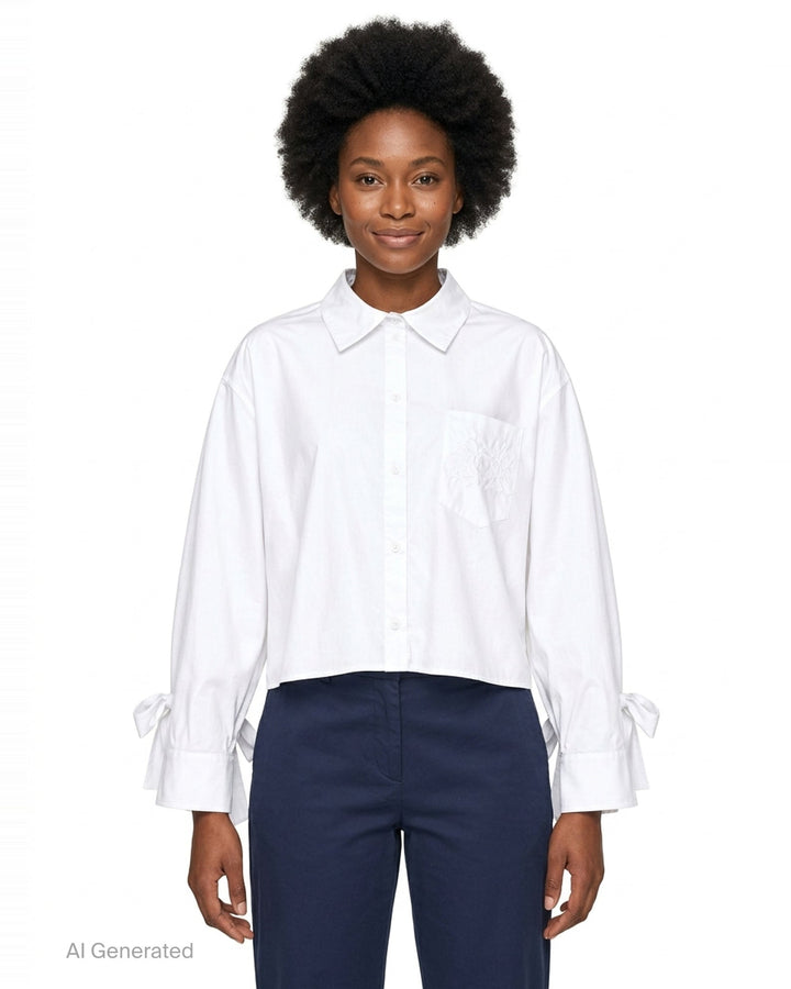 Cecilie Bahnsen Frina cropped white cotton shirt with bow-tied flared cuffs, tonal floral embroidered chest pocket, and button-through front placket, displayed flat on a white background - front