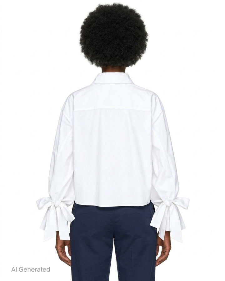 Cecilie Bahnsen Frina cropped white cotton shirt with bow-tied flared cuffs, tonal floral embroidered chest pocket, and button-through front placket, displayed flat on a white background - back
