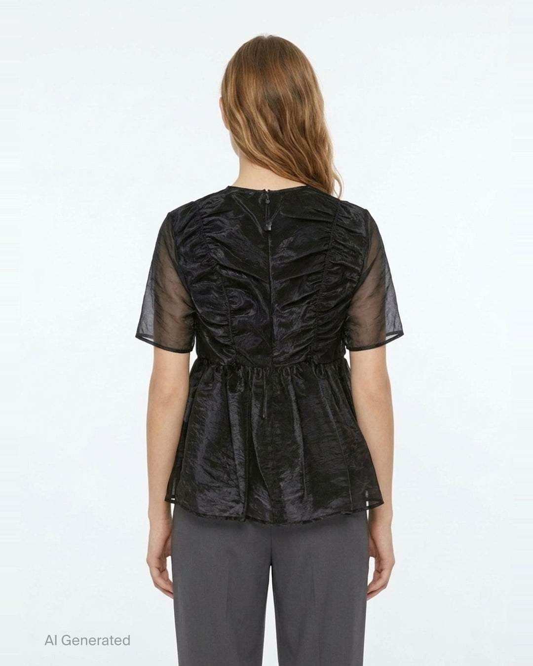 Cecilie Bahnsen Liquid Myrtia short-sleeve peplum top in black crinkled organza with sheer sleeves and gathered ruffle hem, photographed flat on a white background - back