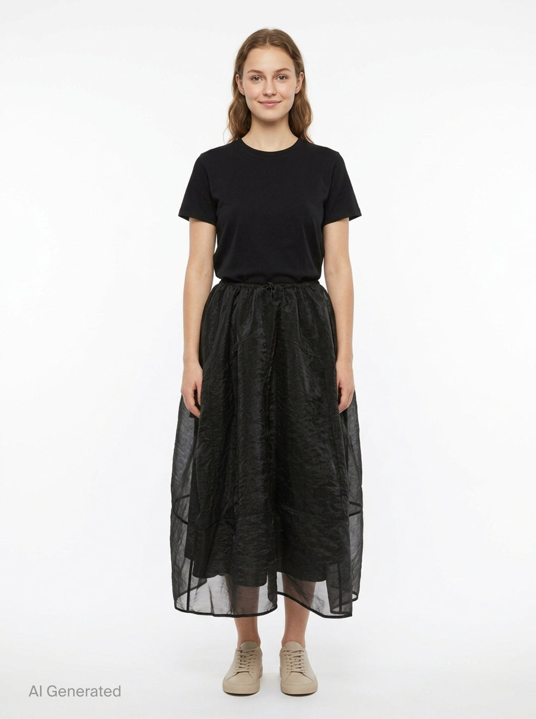 Cecilie Bahnsen Liquid Myrtia Skirt in black crinkled organza with gathered elasticated waistband, voluminous balloon silhouette, and layered sheer asymmetric hem - front