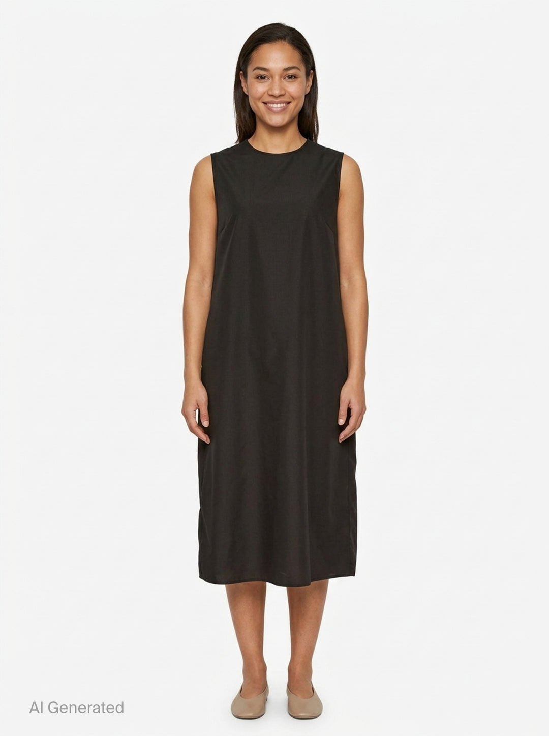 Cecilie Bahnsen Recycled Faille Midi Dress in deep espresso brown, sleeveless with a round neckline, relaxed cocoon silhouette, and curved hem, shown on a white background - front