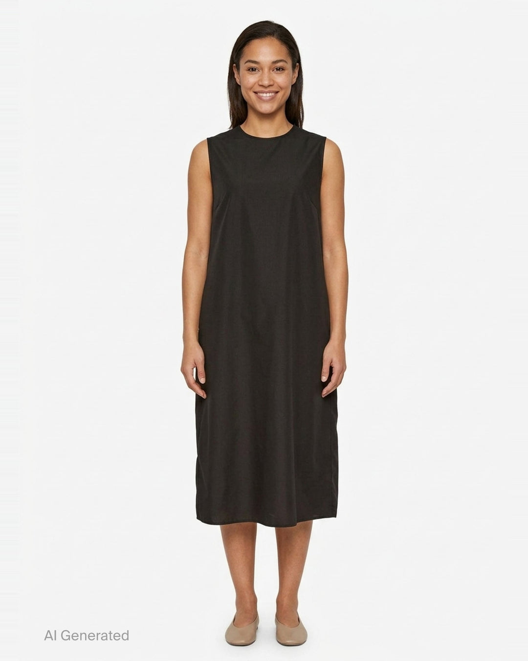 Cecilie Bahnsen Recycled Faille Midi Dress in deep espresso brown, sleeveless with a round neckline, relaxed cocoon silhouette, and curved hem, shown on a white background - front
