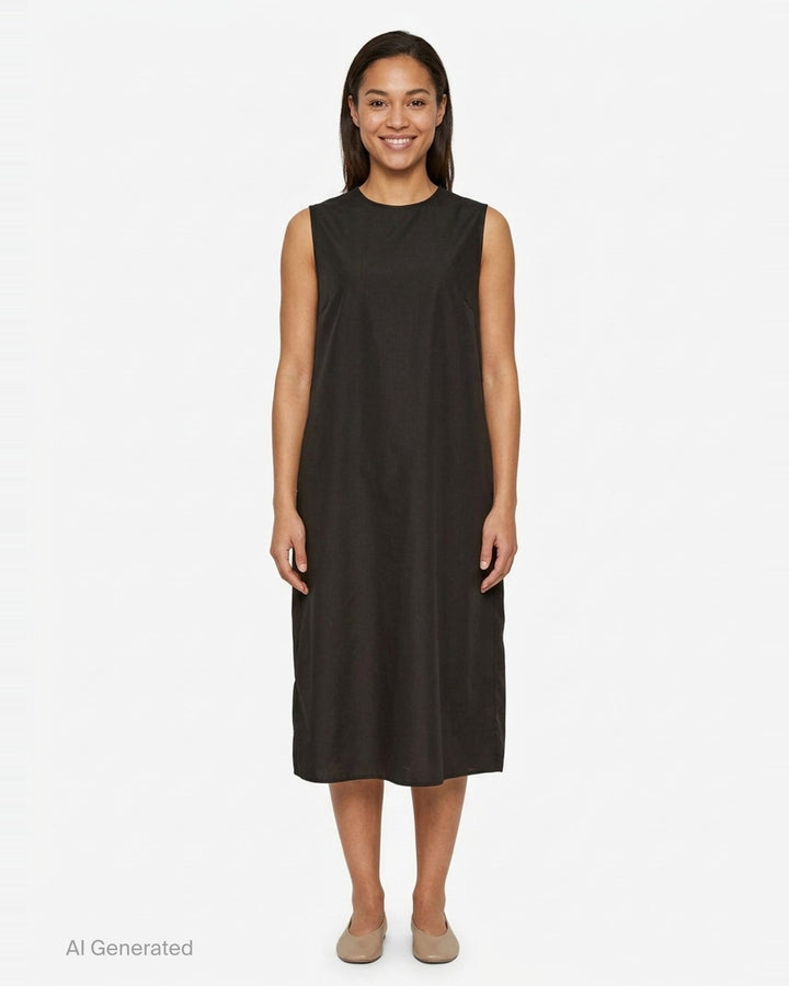 Cecilie Bahnsen Recycled Faille Midi Dress in deep espresso brown, sleeveless with a round neckline, relaxed cocoon silhouette, and curved hem, shown on a white background - front