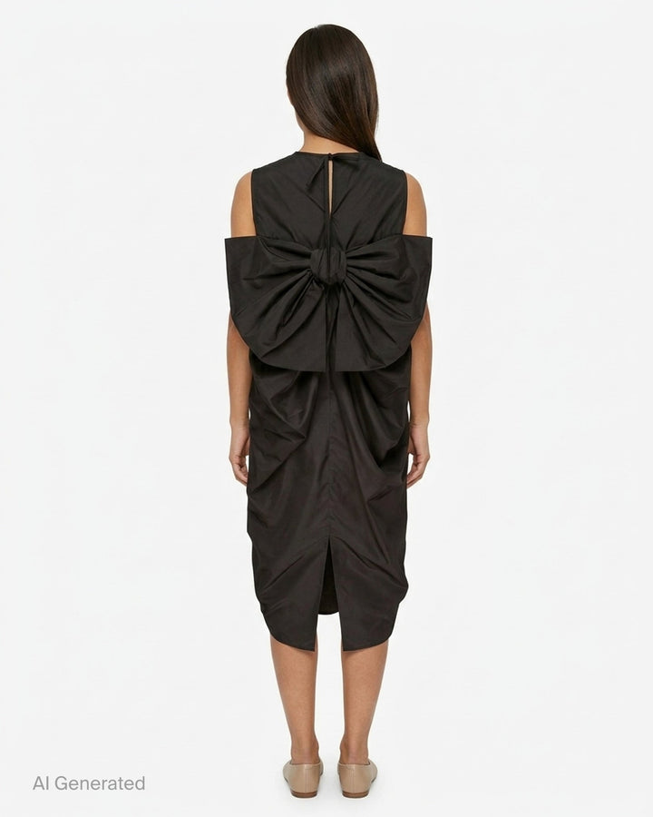 Cecilie Bahnsen Recycled Faille Midi Dress in deep espresso brown, sleeveless with a round neckline, relaxed cocoon silhouette, and curved hem, shown on a white background - back