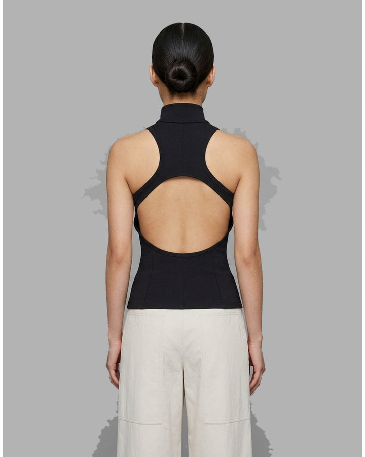 Black sleeveless high-neck stretch modal jersey top with a concealed centre back zip, shown from the back - back