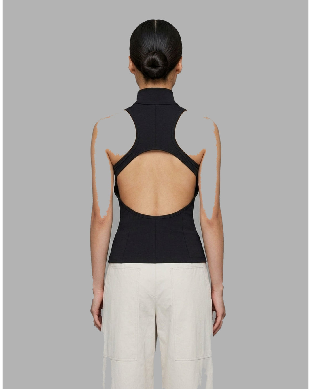 Black sleeveless high-neck stretch modal jersey top with a concealed centre back zip, shown from the back - back
