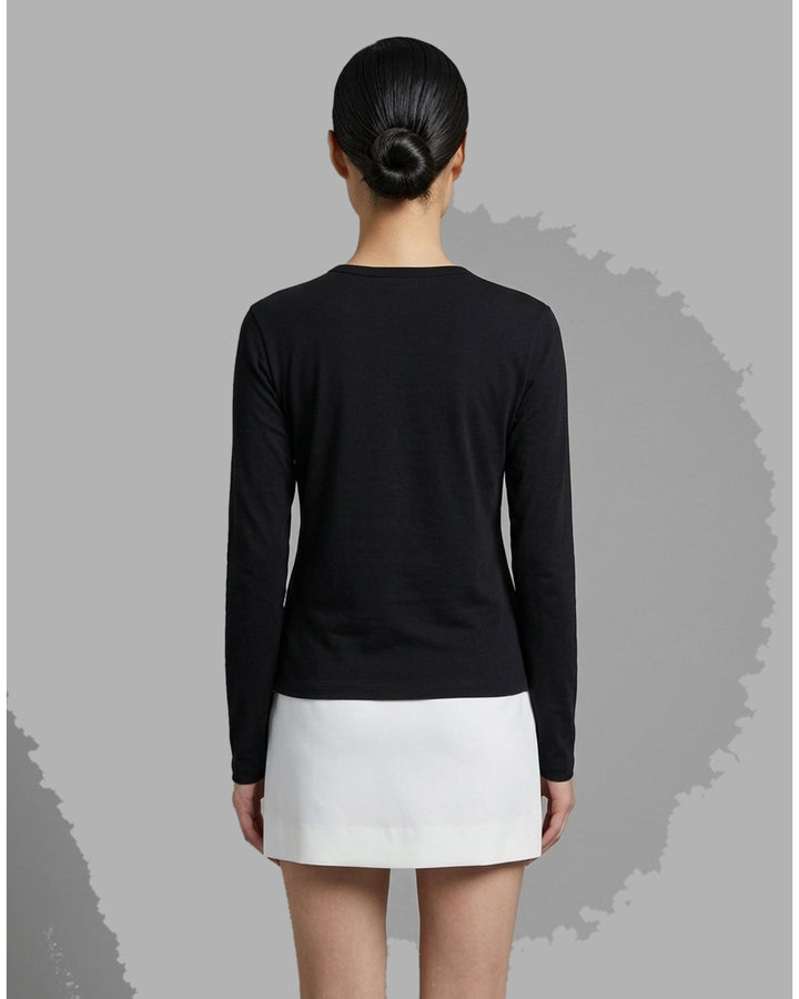 Black long sleeve cotton jersey Henley top with round neckline and five-button placket by Club21 Collection - back