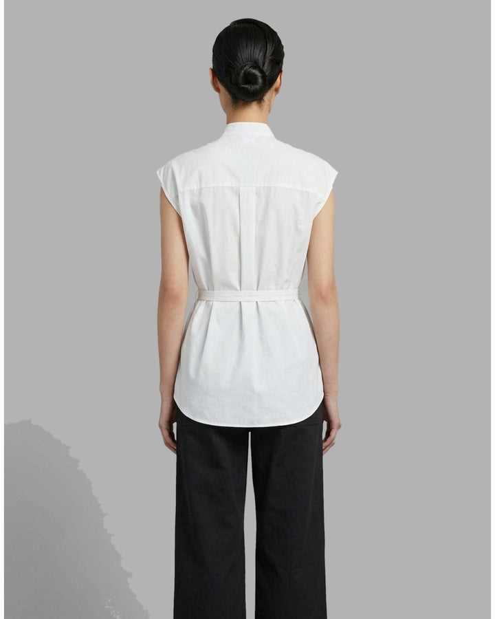 Black sleeveless cotton shirt with pintucked bib front, mandarin collar and self-fabric waist tie - back