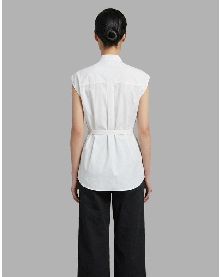 Black sleeveless cotton shirt with pintucked bib front, mandarin collar and self-fabric waist tie - back
