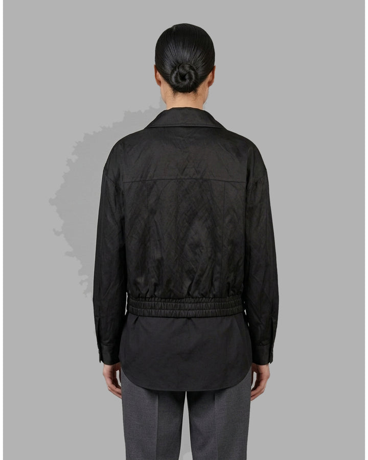 Cream cropped bomber jacket with stand collar, flap chest pockets, metal snap buttons and elasticated hem by Club21 Collection - back