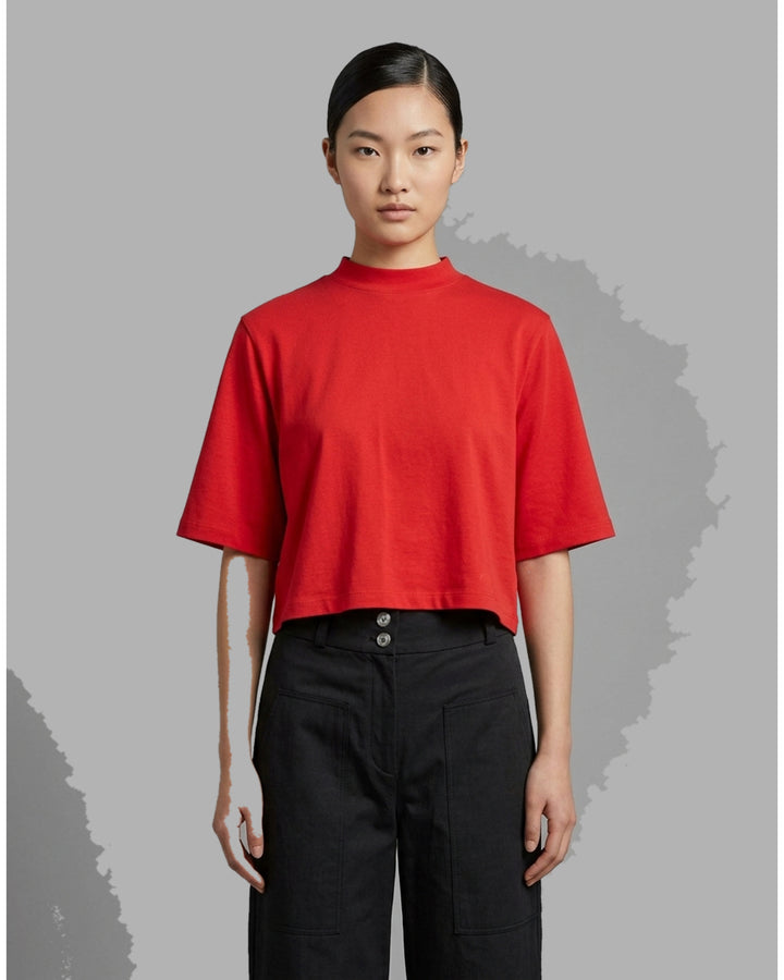 Red cropped cotton spandex jersey tee with mock neckline and elbow-length sleeves, shown front view - front