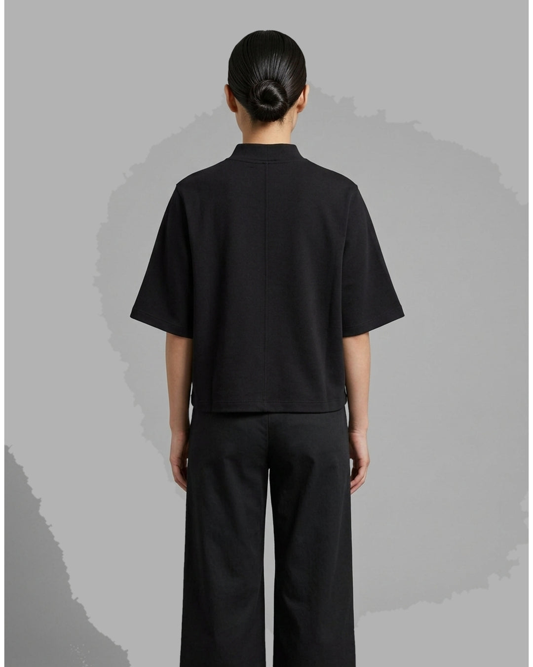 Red cropped cotton spandex jersey tee with mock neckline and elbow-length sleeves, shown front view - back