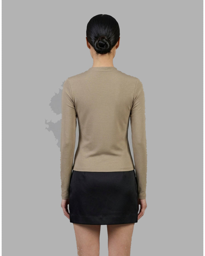 Black long sleeve zip-front top in high stretch modal jersey with a crew neckline and vertical front seams - back