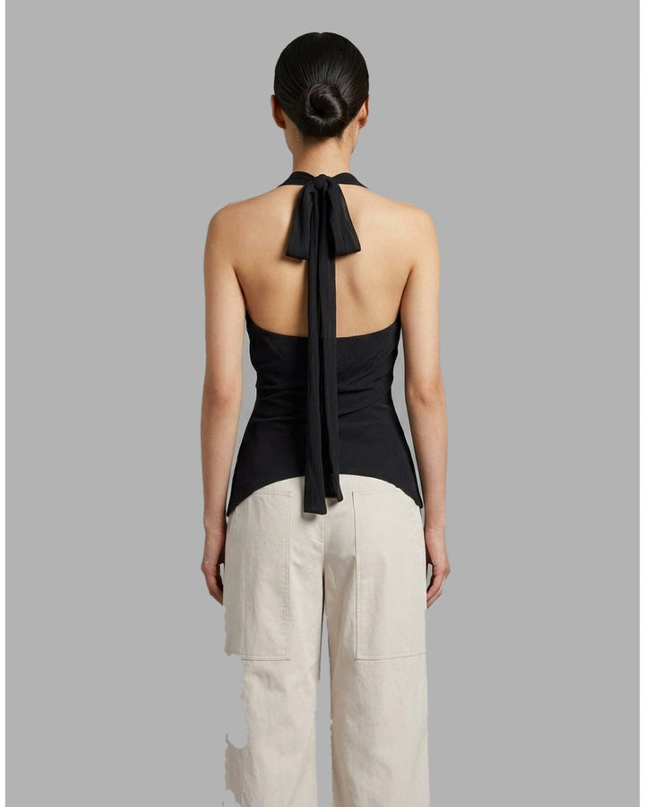 Black sleeveless halter top in crinkled silk-blend fabric with a scooped neckline and self-tie open back - back