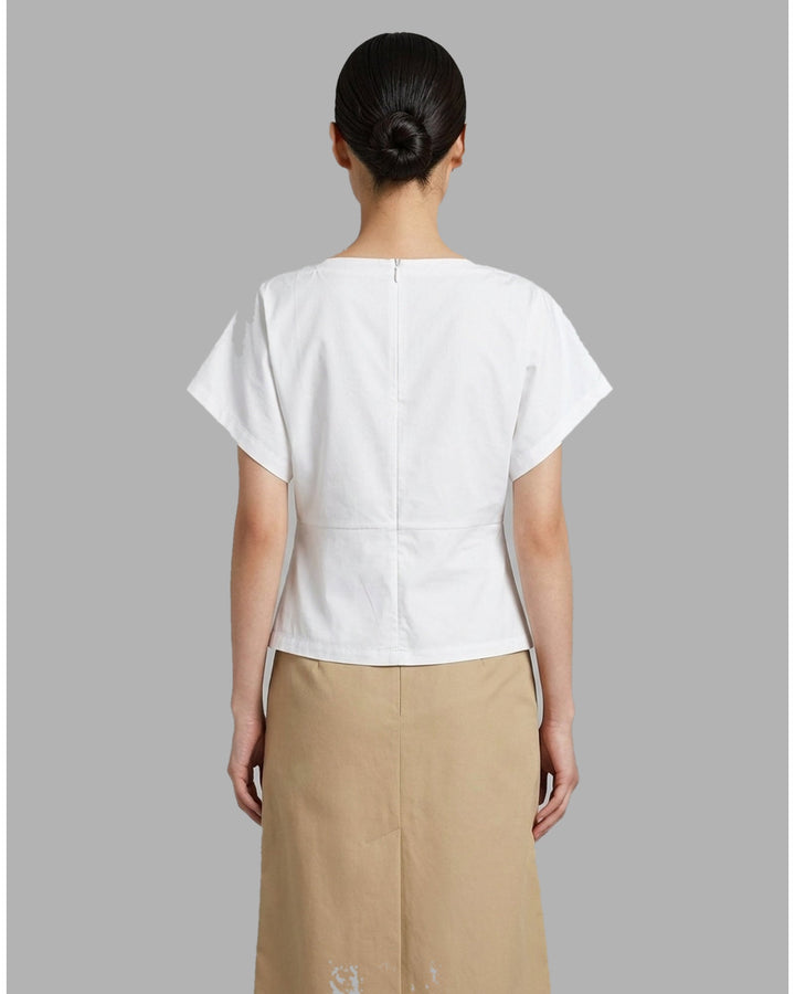 Black boat-neck short-sleeve top in light stretch rayon linen with kimono sleeves and gathered waist detail - back