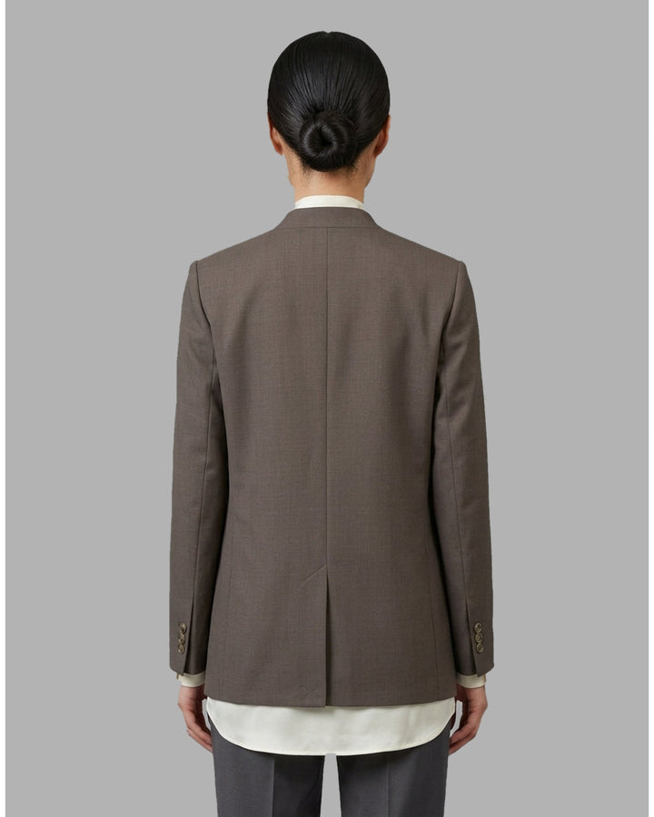 Club21 Collection Tess collarless wool blend blazer in taupe brown with single button closure and chest welt pocket - back