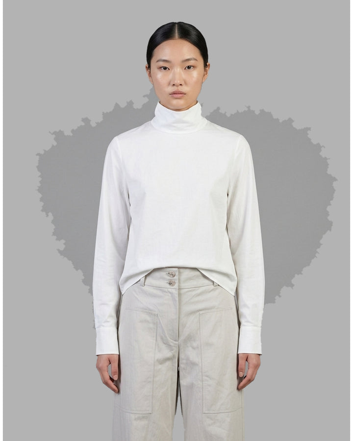 Black sheer silk cotton button-up shirt with stand collar and extended long sleeve cuffs, front view - front