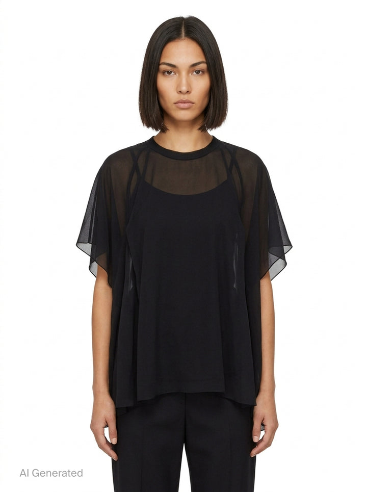 Comme des Garçons asymmetrical panelled oversize tee in black, featuring sheer chiffon flutter cape panels over an opaque jersey body, shown flat on white background - front