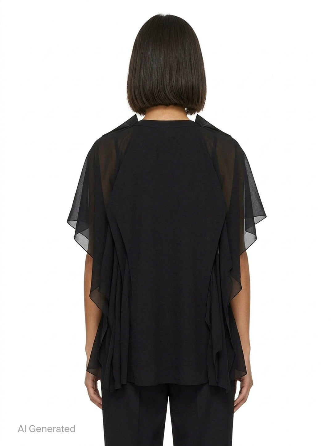 Comme des Garçons asymmetrical panelled oversize tee in black, featuring sheer chiffon flutter cape panels over an opaque jersey body, shown flat on white background - back
