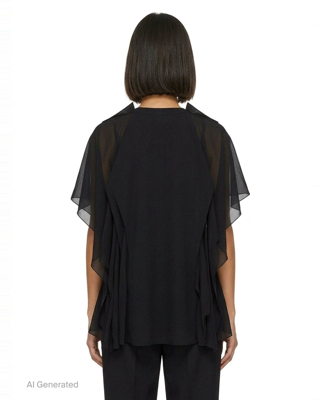 Comme des Garçons asymmetrical panelled oversize tee in black, featuring sheer chiffon flutter cape panels over an opaque jersey body, shown flat on white background - back